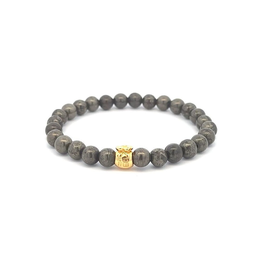 18K Gold Money Bag Charm Bracelet Natural Pyrite Gemstones 6mm